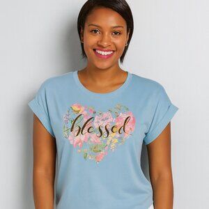 TRUSELF "Blessed" short sleeve blue knit top. Faith based shirt.  Medium.  NWT